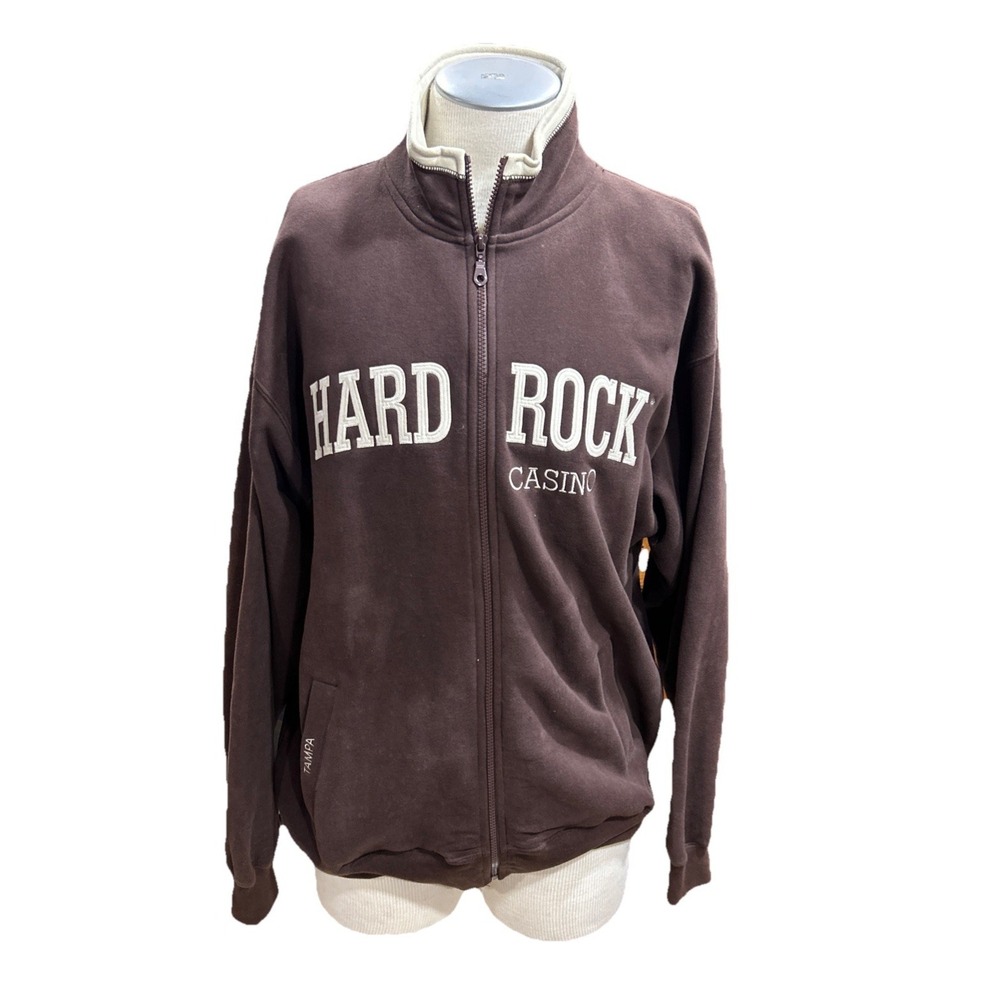 Hardrock Casino Tampa Sweater Mens Large Full Zip Brown Sweatshirt